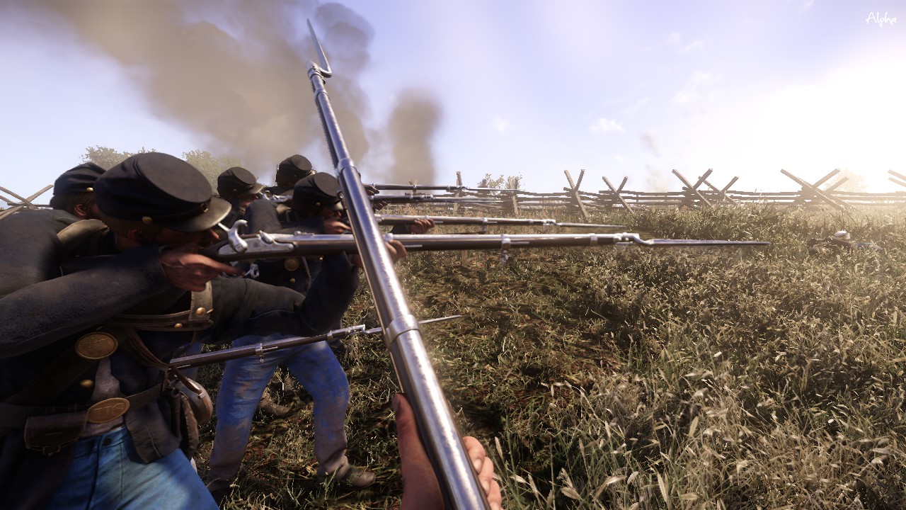 a line of union soldiers with their bayonets fixed, aiming their rifles at the enemy