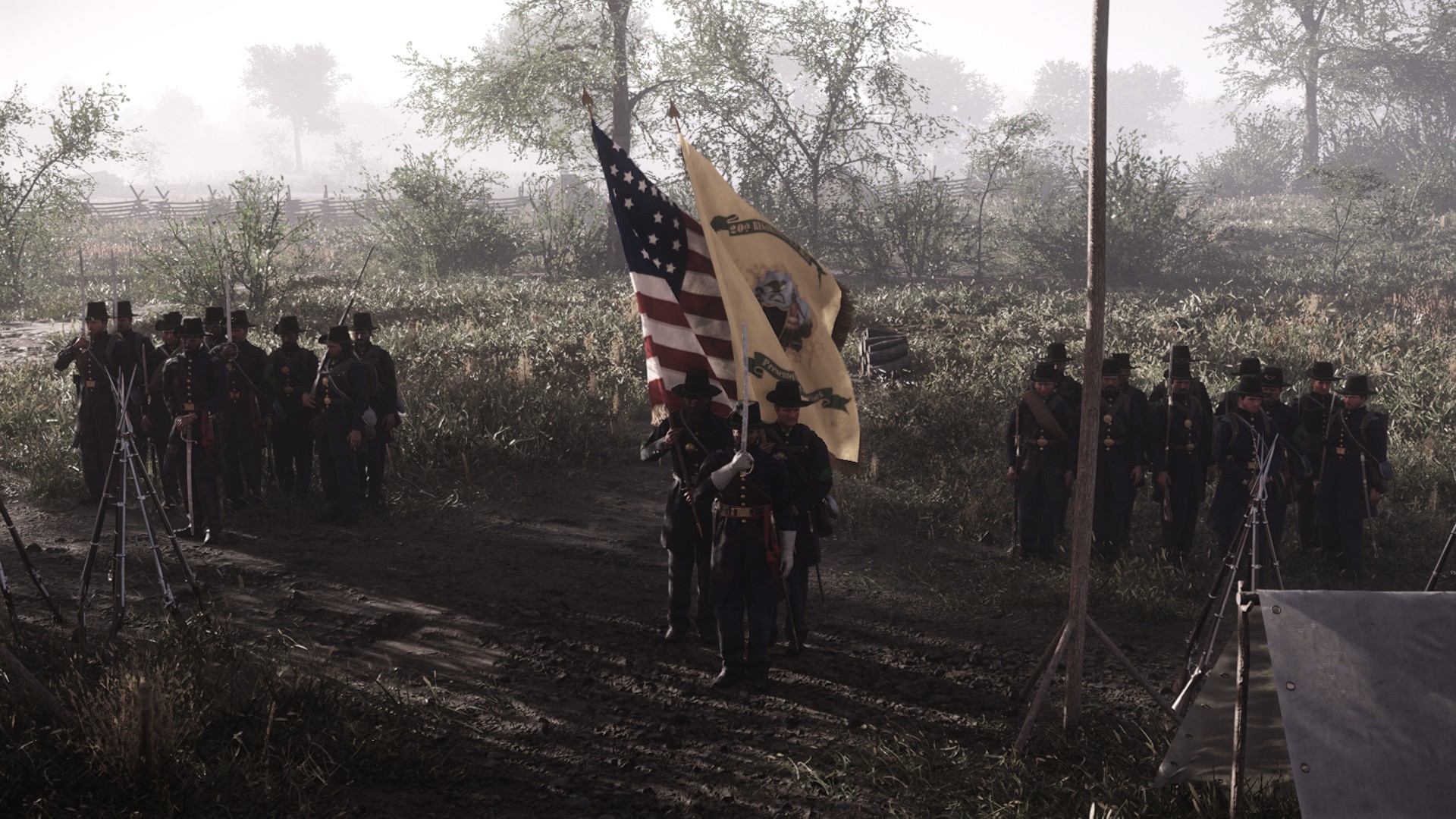 an officer and two flags standing in between two groups of Union Soldiers