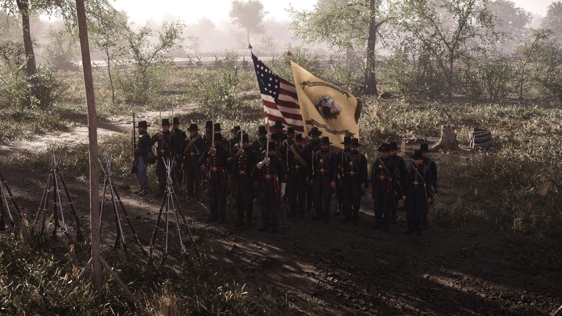 A double rank line of Union soldiers headed by an officer and two flags