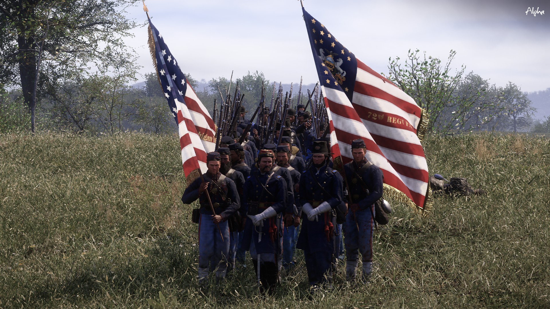 A massed formation of Union Soldiers in Blue Coats